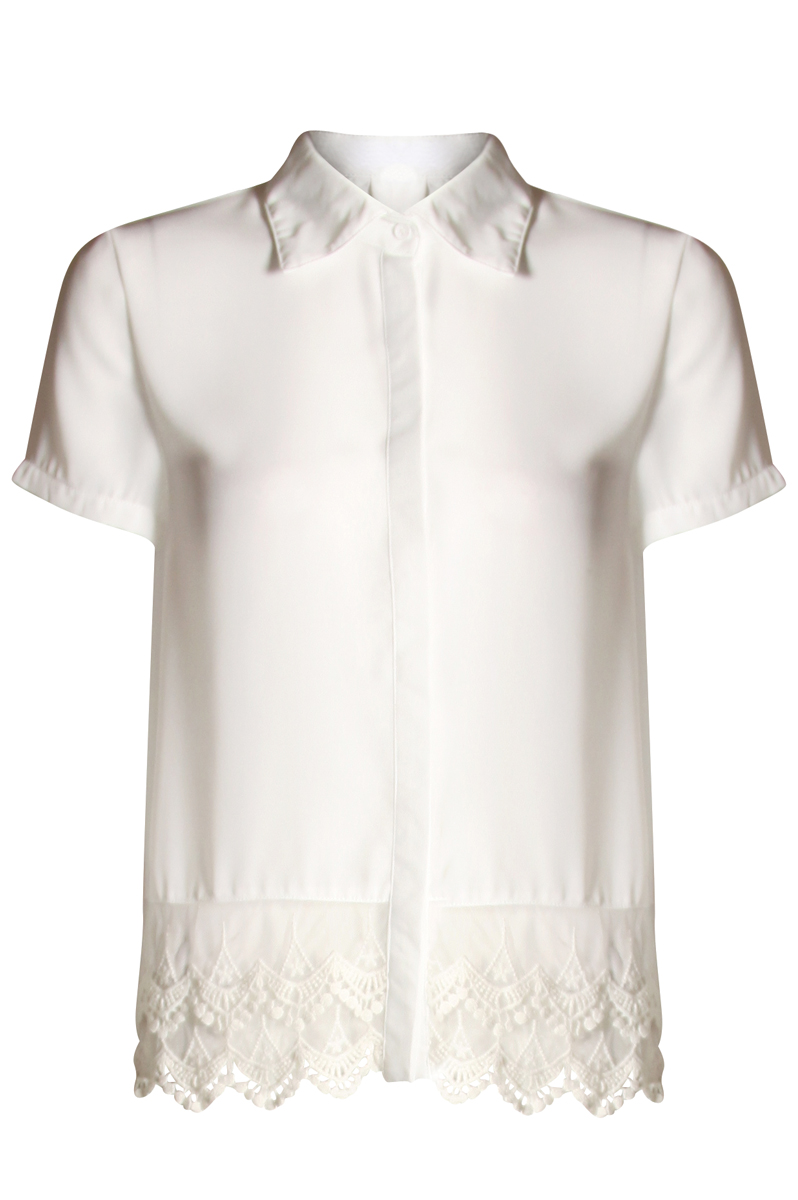 Cream Short Sleeve Blouse With Lace Hem Preview